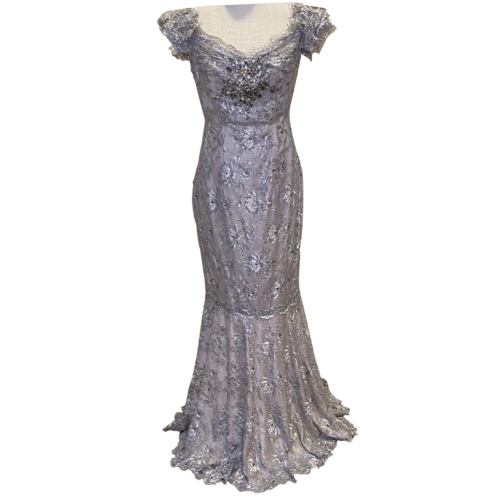 Mandalay Silver & Blush Sequined Lace Evening Gown